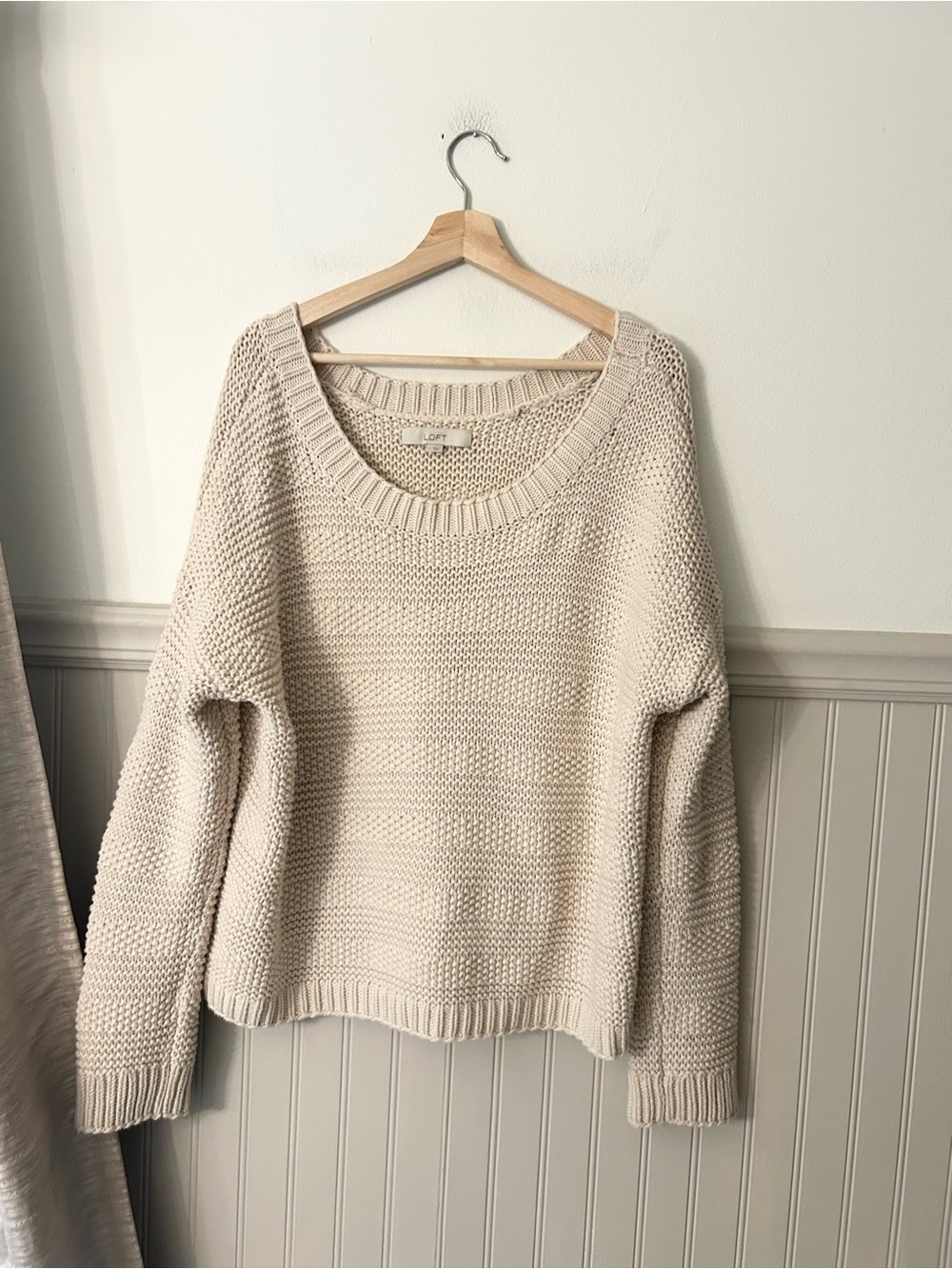 LOFT Large Cream Off Shoulder Chunky Knit 100% Cotton Sweater